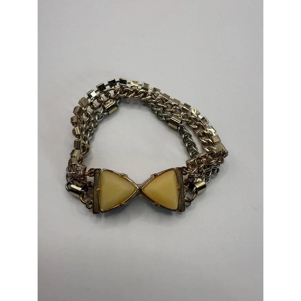Chunky Chain Bracelet Faux Amber Triangle‎ Magnetic Clasp Mixed Metal Statement